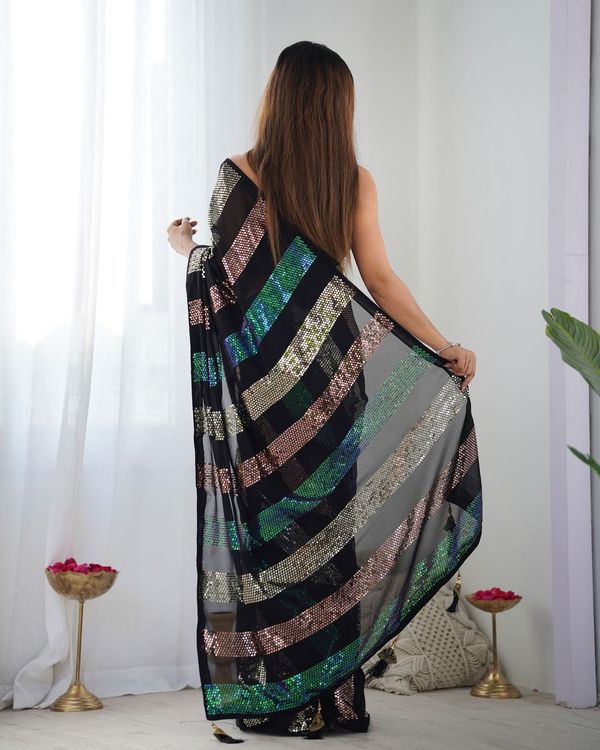 Black Designer Sequance Embroidery Work Georgette Saree