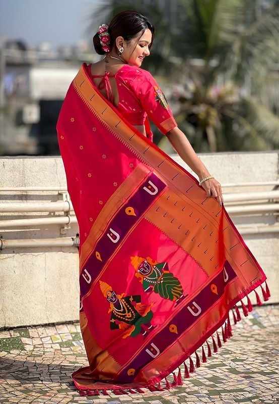 Pink Wevon Paithani Vitthala Designer Soft Silk Saree
