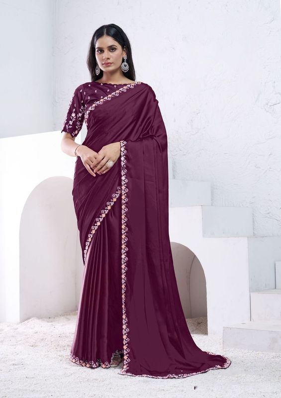 Wine Sequence Embroidery & Moti Work Crepe Satin Silk Saree