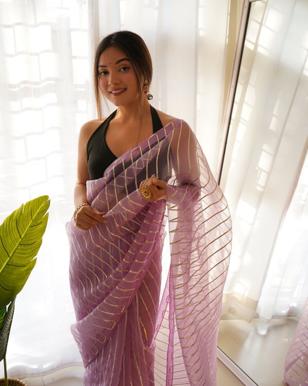 Lavender Silver Gota Embroidery Work Organza Saree