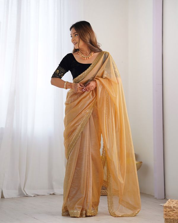Beige Sequance Embroidery & Gold Jari Work Twill Net Saree