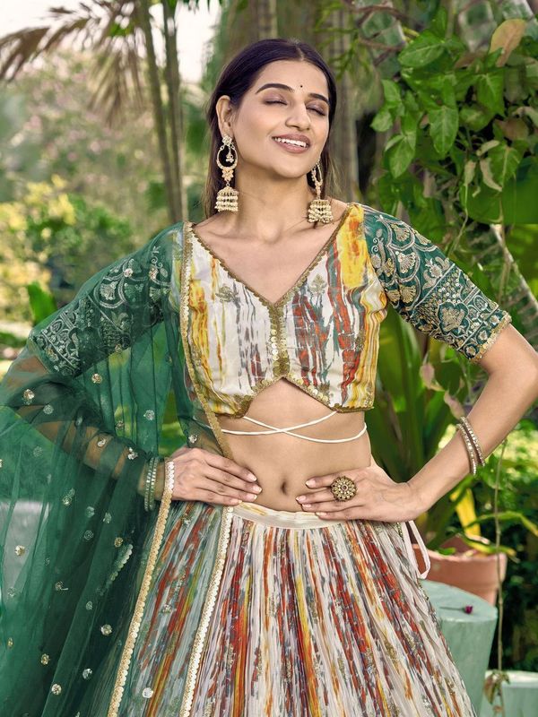 Green Women's Chinon Embroidery Lehenga Choli