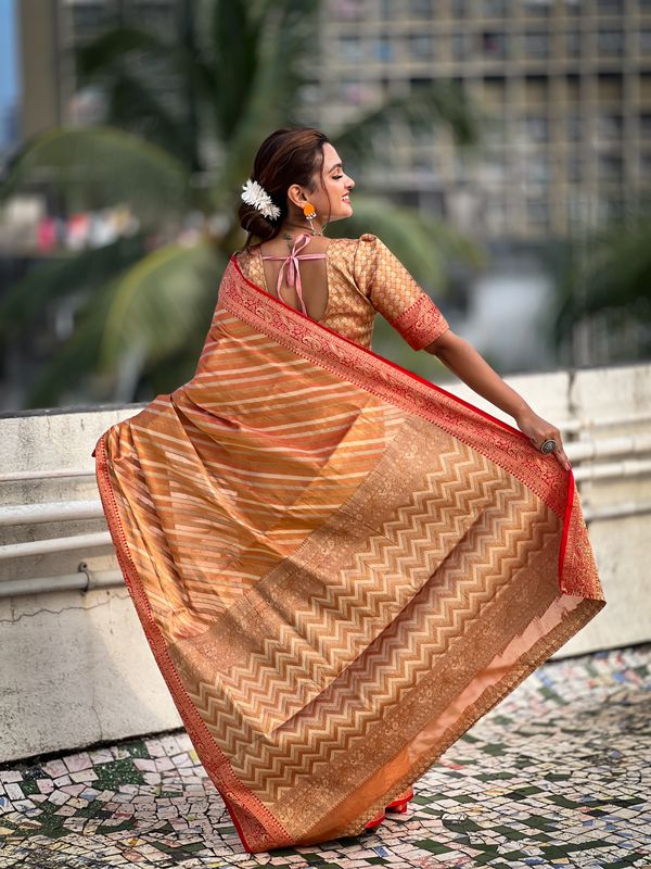 Orange Wevon Laheriya Designer Jari Tissue Saree