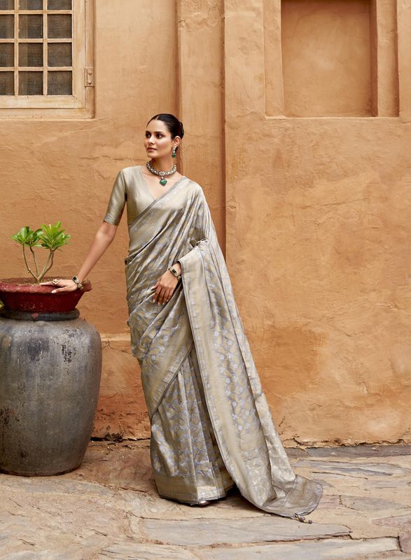 Grey Wevon Brocade Designer Viscose Silk Saree