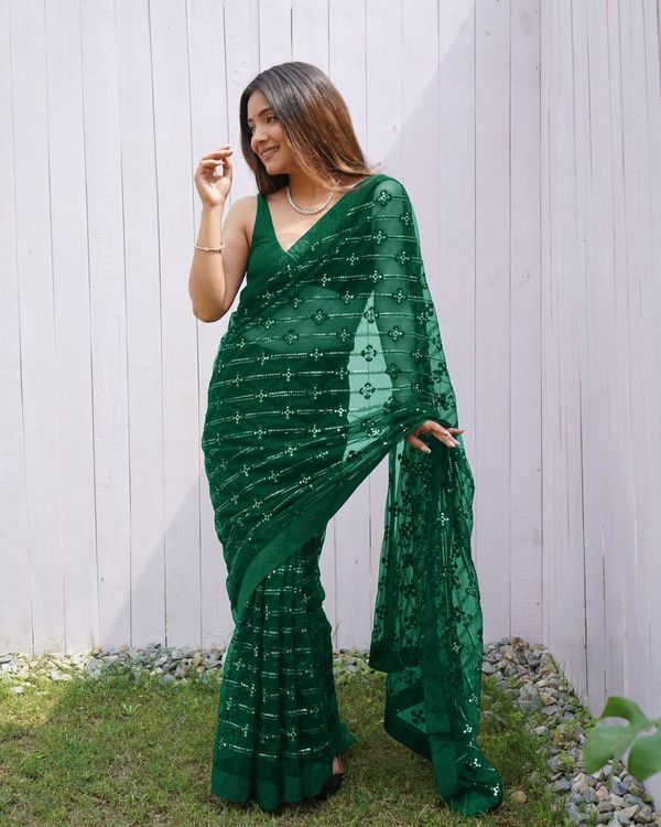 Green Thread & Sequance Embroidery & Diamond Work Butterfly Net Saree