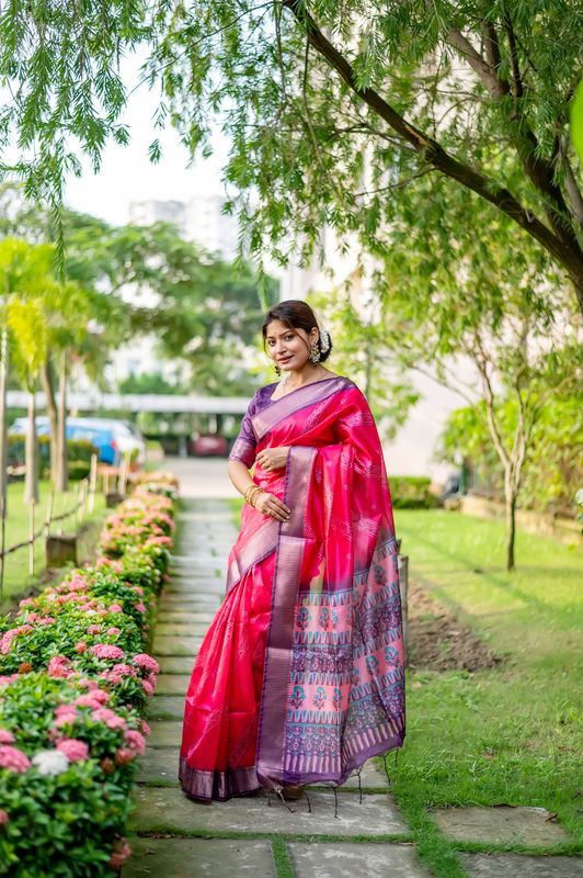 Pink Weaving Jari Designer & Printed Raw Silk Saree