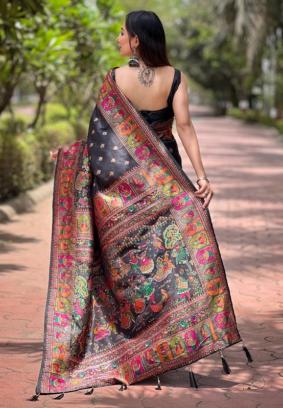 Black Pashmina Silk Wevon Kashmiri Meenakari Designer Ethnic Indian Rich Looks Saree
