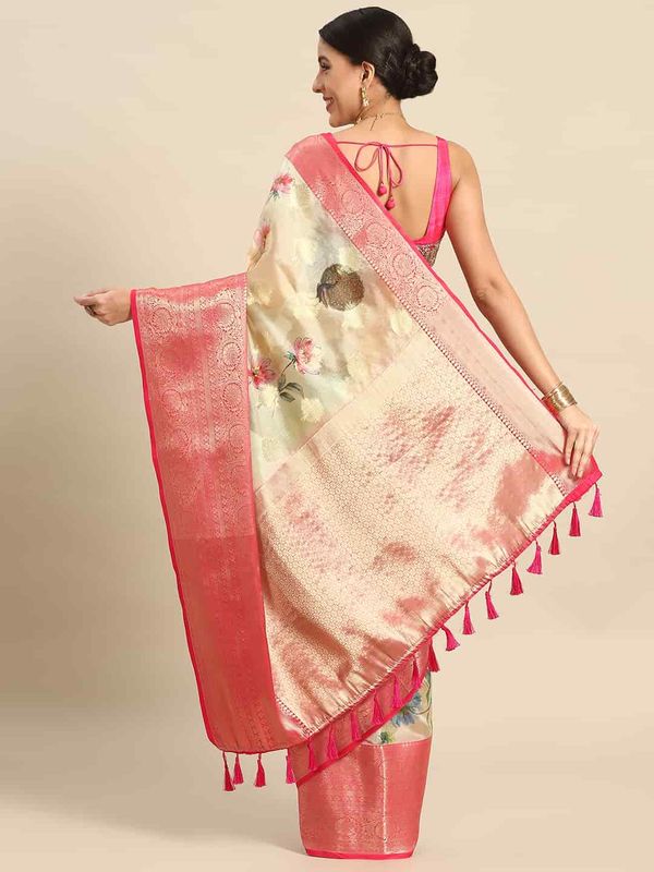 Beige Floral Chanderi Kamlamkari Art Silk Saree