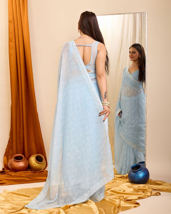 Sky Blue Designer Sequance Embroidery Work Georgette Saree