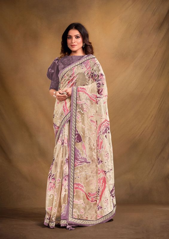 Cream Designer Embroidery & Stone Work Organza Saree