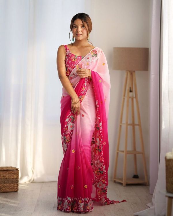 Pink Color With Embroidery Work Georgette Saree