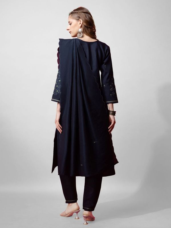 Navy Blue Color Cotton Blend Readymade Dress With Designer Embroidery Work
