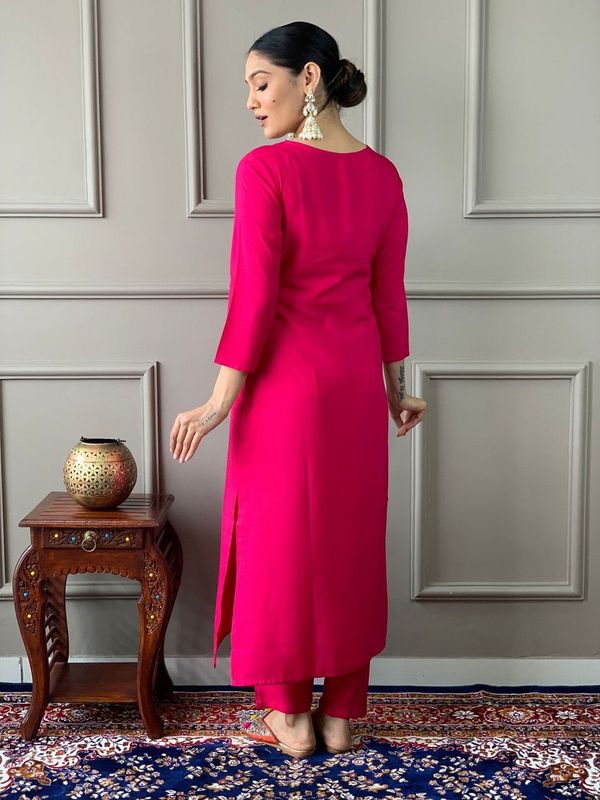 Beautiful Pink Color Silk Viscose Fabric Graceful Embroidered Readymade Suit
