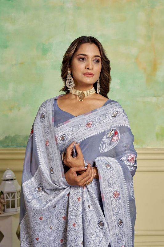 Grey Wevon Designer Cotton Saree