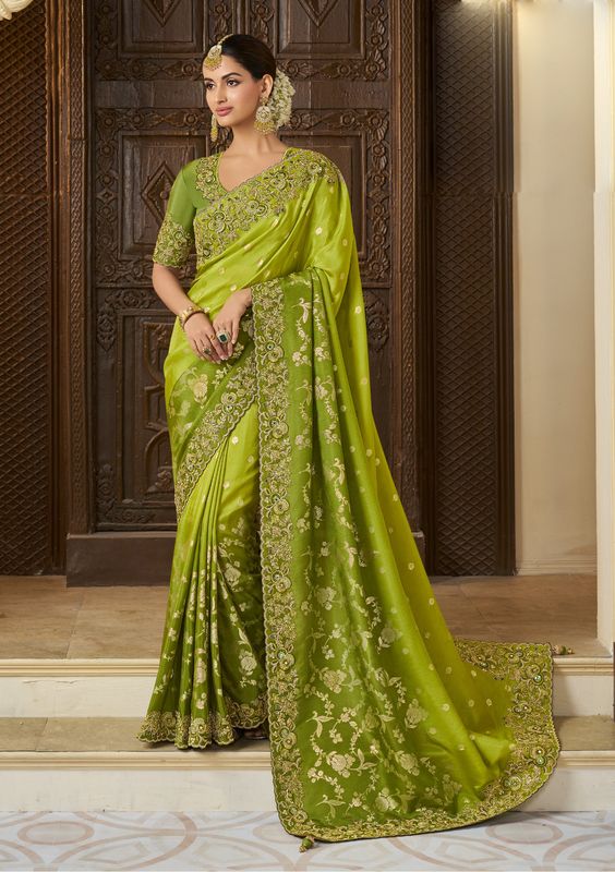 Green Shaded Wevon Jacquard Designer Embroidery Work Viscose Tissue Saree