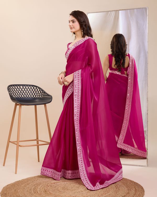 Burgundy Heavy Embroidery Work Lace & Blouse Jimmy Chau Silk Saree