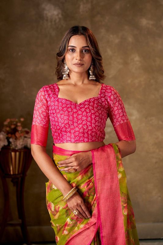 Light Green Cotton Printed Saree and Stitched Pink Blouse