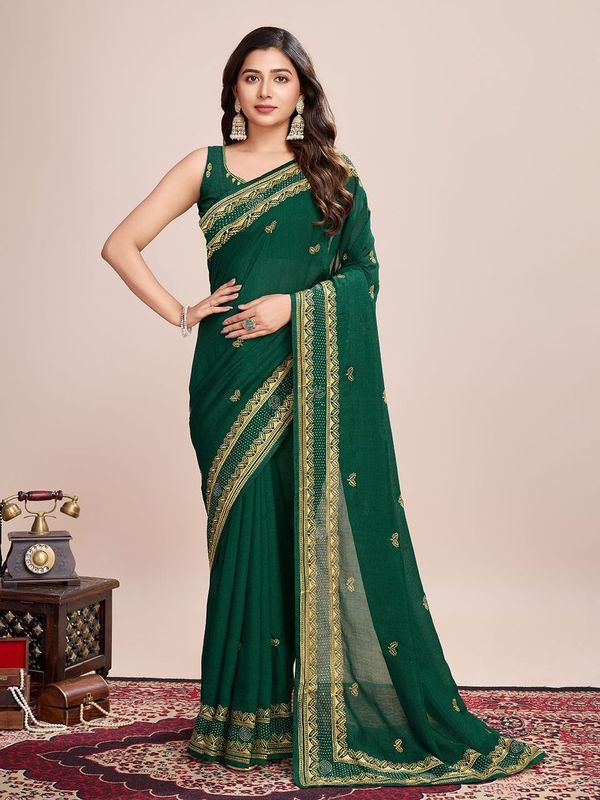 Green Designer Embroidery Work Vichitra Silk Saree