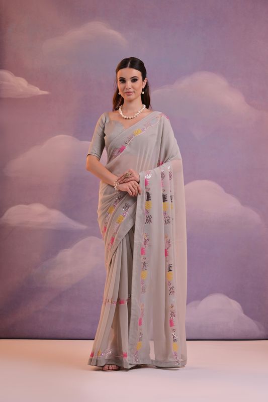 Grey Designer Sequance Embroidery Work Georgette Saree