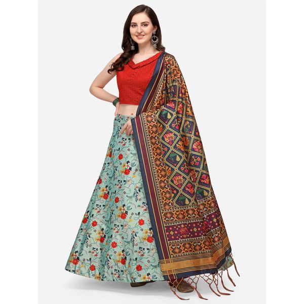 Digital Print Satin Silk Fabric Stitched Lehenga Choli With Jequared Blouse and Assami Silk Thread Work Dupatta For Women and Girls In Festive Party And Traditional Wear