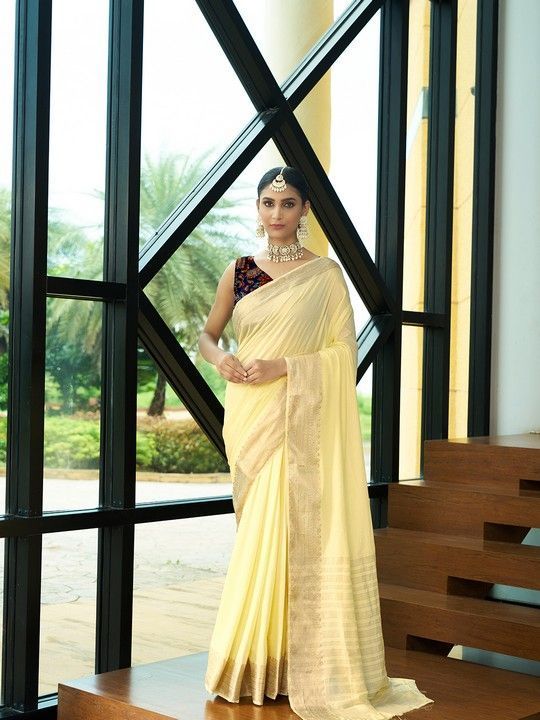 Lemon Crepe Woven Saree and Stitched Lemon Blouse