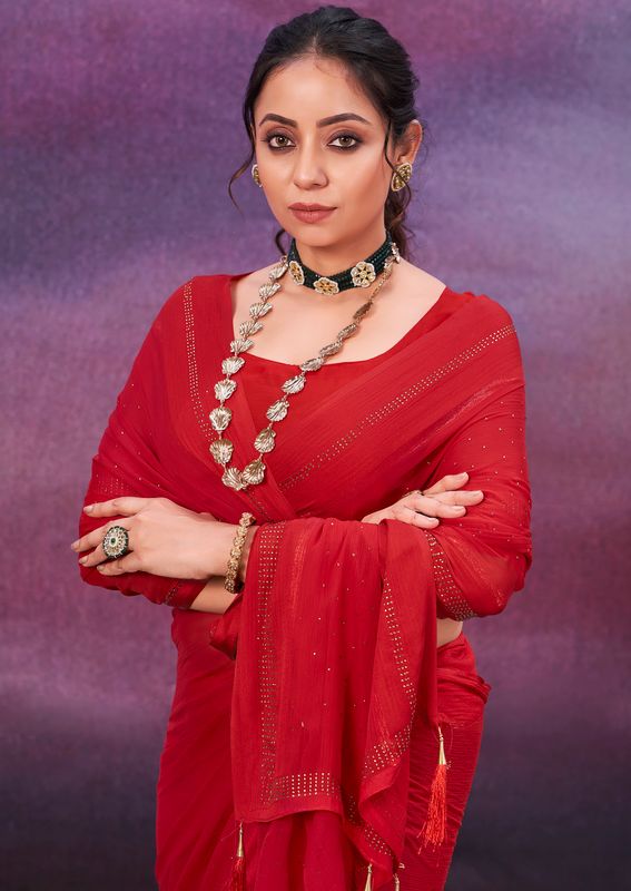 Red Wine Wevon Patta Designer With Swarovski Work Chiffon Saree