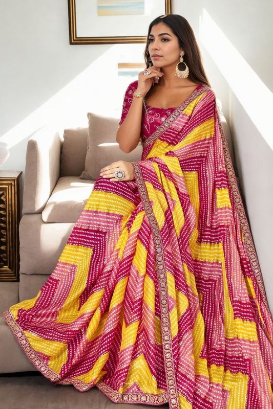 Pink Bandhani Digital Printed & Embroidery Work Chinon Saree