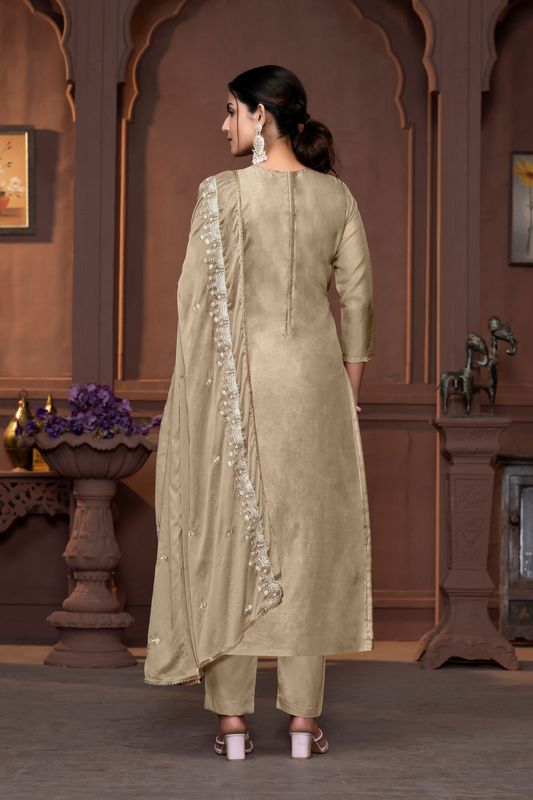 Beige Viscose Organza Poistion Embroidery With Hand Work Graceful Ethnic Wedding Wear Salwar Kameez
