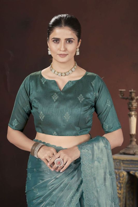 Teal Sequance & Thread Embroidery Work Jimmy Choo Saree