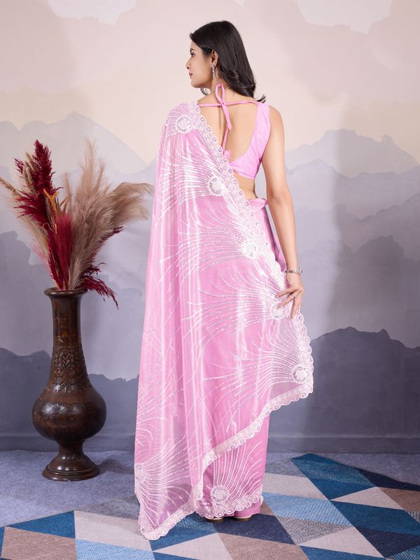 Pink Designer Sequance Embroidery Work Twill Net Saree