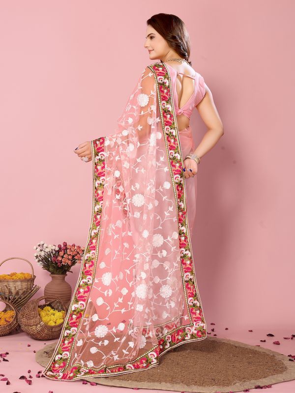 Pink Multy Thread Embroidery Work Soft Net Saree