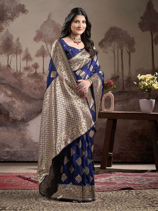 Nevy Blue Wevon Rich Pallu Designer Lichi Silk Saree
