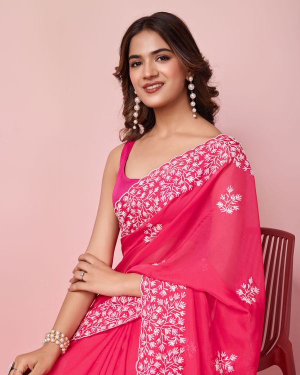 Pink Sequance Embroidery Work Tabby Silk Saree