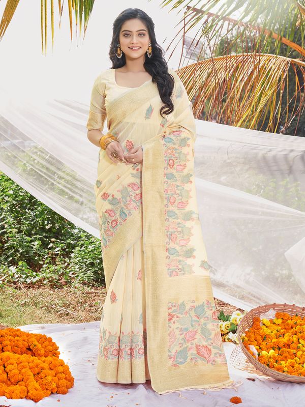 Yellow Wevon Designer & Digital Printed Cotton Saree