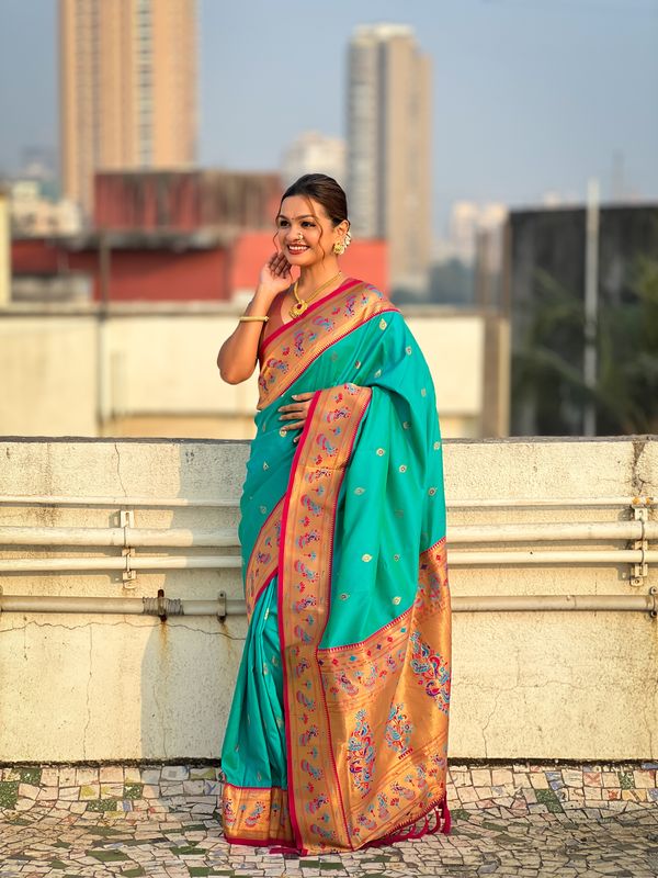 Sea Green Weaving Meenakari Designer Soft Silk Saree