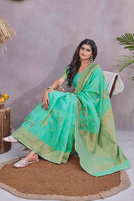 Sea Green Color Wevon Jacquard Designer Linen Fabric Graceful Saree