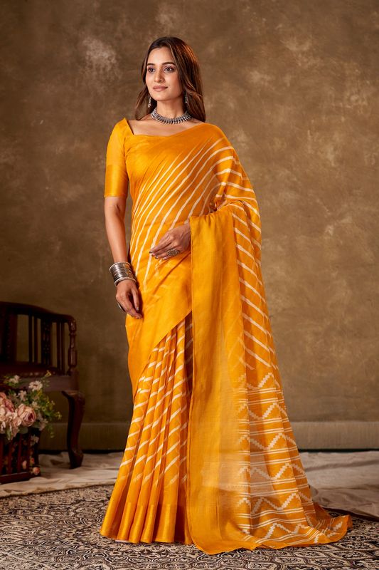Yellow Cotton Leheriya Saree and Stitched Yellow Blouse