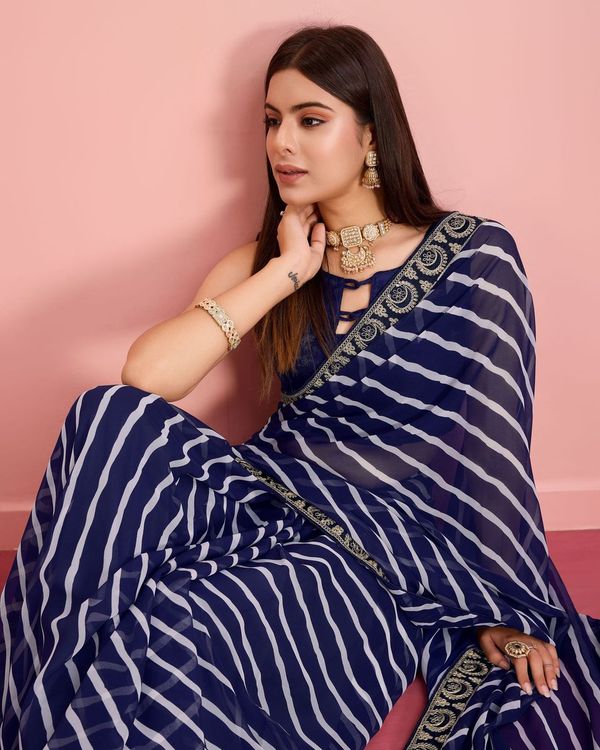 Blue Laheriya Printed & Embroidery Work Lace Border Georgette Saree