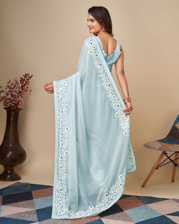 Sky Blue Designer Embroidery Work Georgette Saree