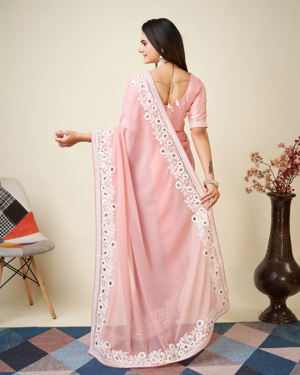Pink Designer Embroidery Work Georgette Saree