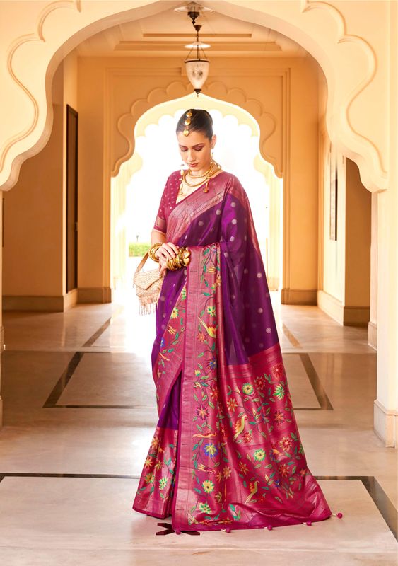 Purple & Pink Wevon Designer & Printed P V Silk Saree