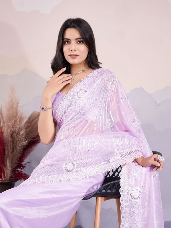 Glamorous Twill Net Fabric Purple Color Designer Sequance Embroidery Work Trendy Saree