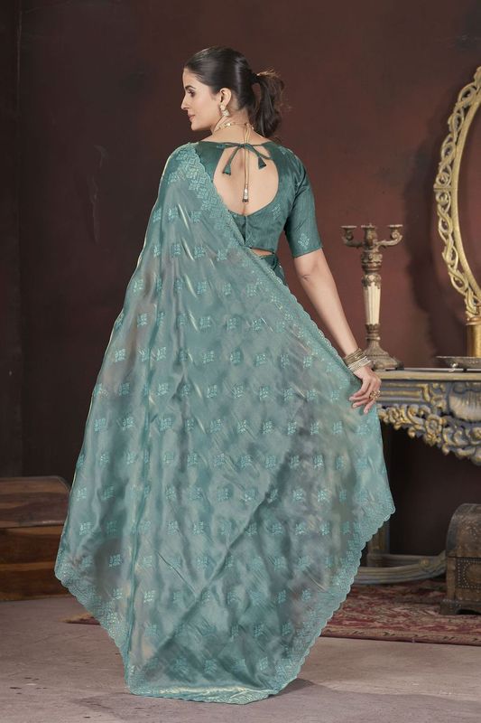Teal Sequance & Thread Embroidery Work Jimmy Choo Saree