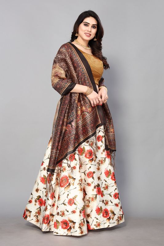 Digital Print Satin Silk Fabric Stitched Lehenga Choli With Jequared Blouse and Assami Silk Thread Work Dupatta For Women and Girls In Festive Party And Traditional Wear