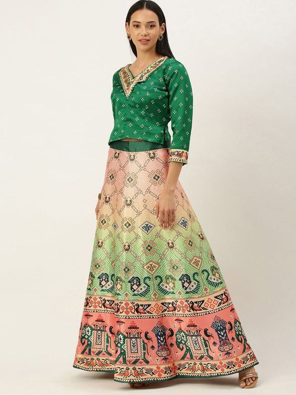 Ethnic Motifs Digital Print Shiney Satin Croptop Lehenga Choli With Blouse For Women and Girls