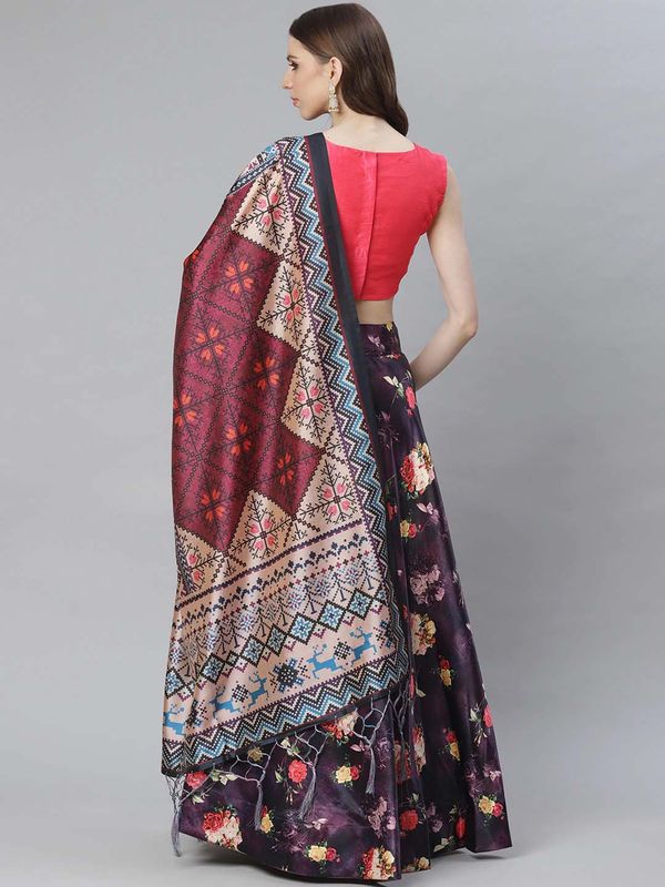 Digital Print Satin Silk Fabric Stitched Lehenga Choli With Jequared Blouse and Assami Silk Thread Work Dupatta For Women and Girls In Festive Party And Traditional Wear