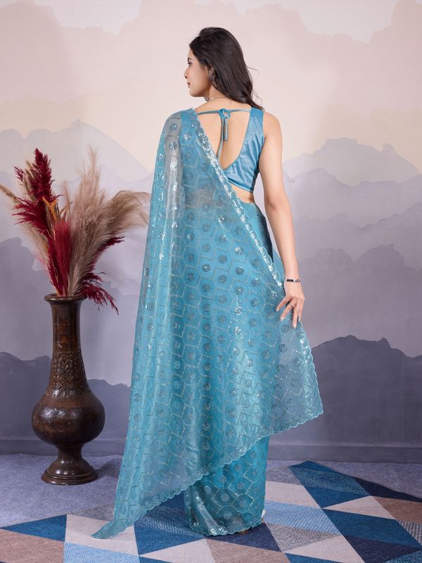 Blue Twill Net Designer Sequins Embroidery Work Glamorous Partywear Saree