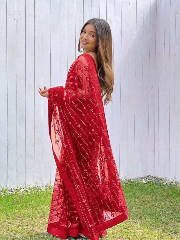 Red Thread & Sequance Embroidery & Diamond Work Butterfly Net Saree