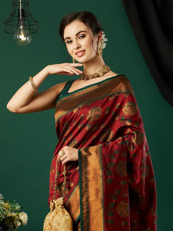 Maroon Wevon Jari Designer Banarasi Silk Saree