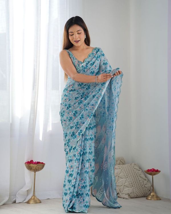 Blue Designer Digital Printed & Mirror Cut Work Chinon Saree